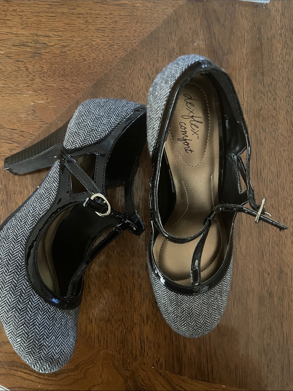 dexflex comfort Gray Herringbone T-Strap Heels with Patent Trim